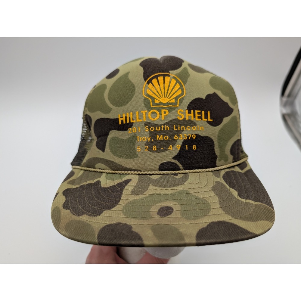 Vintage Nissin Cap Hilltop Shell Camo Trucker Hat Snapback Frog Skin Mesh Green